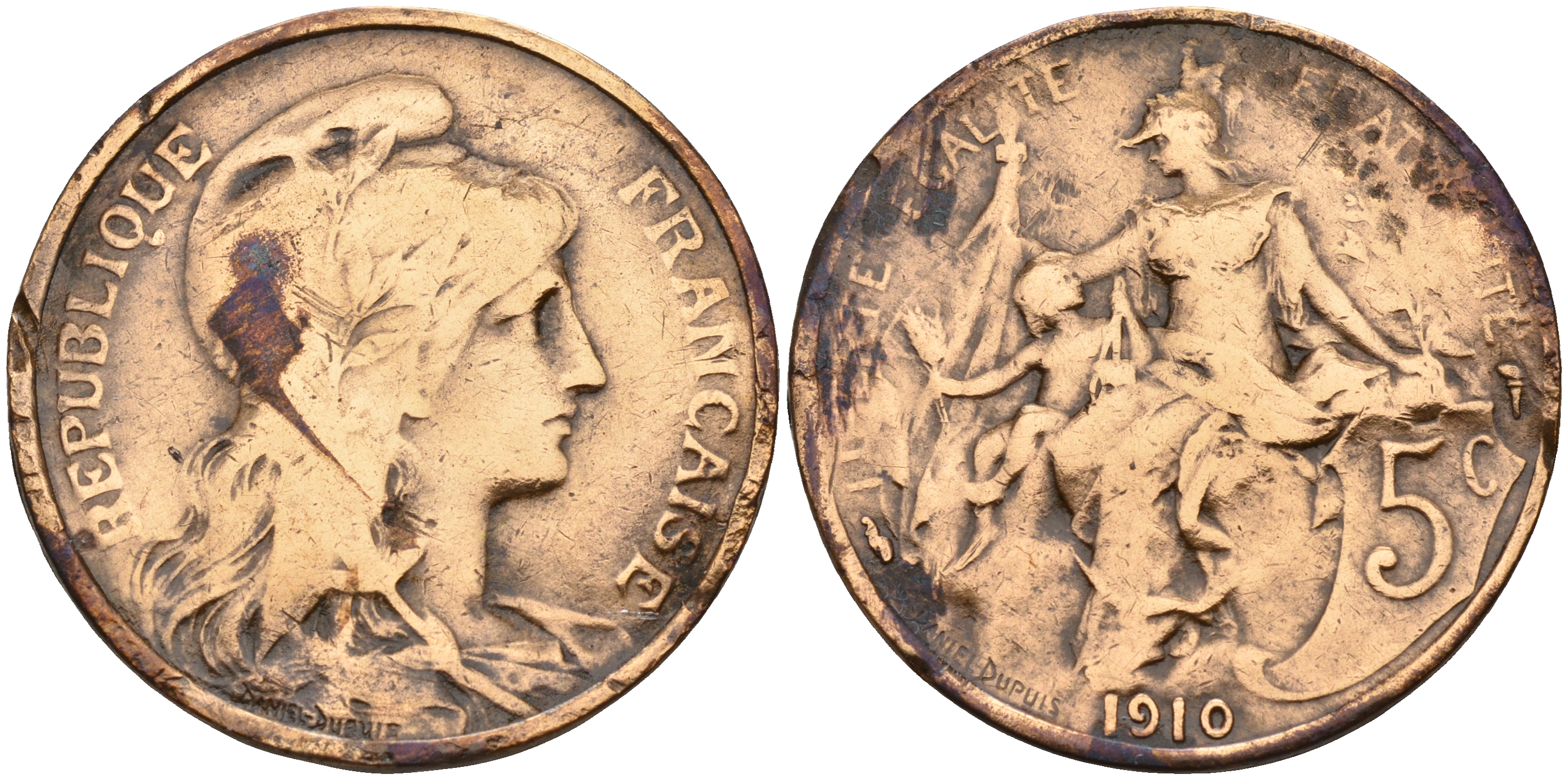 Франция 5 сантимов 1910 тип Дюпюи KM 842 бронза    4153-343