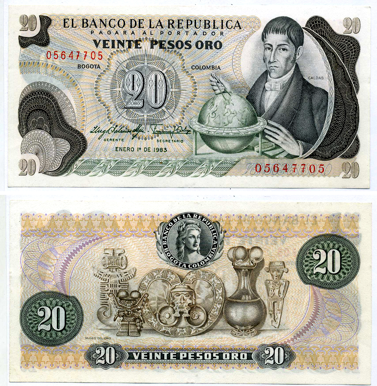 Колумбия 20 песо 1983 Франсиско Хосе де Кальдас, музей золота Pick 409d бумага UNC (пресс) 7487-64-1-2