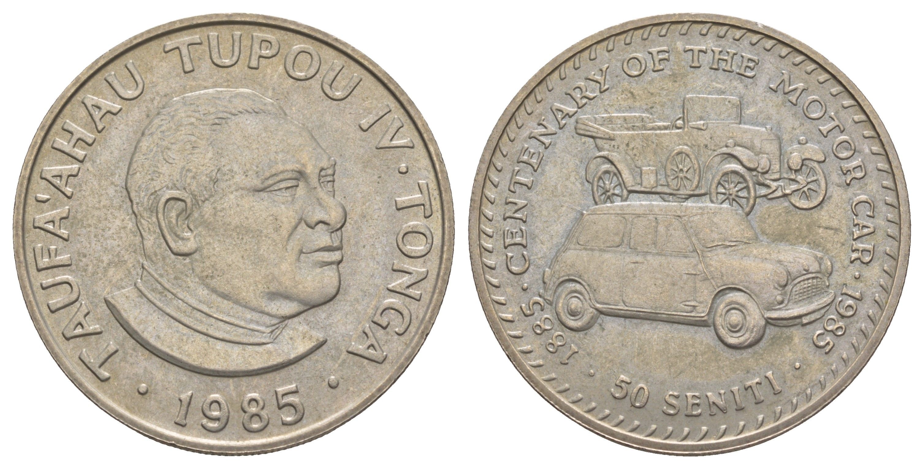 Тонга 50 сенити 1985 100 лет автоиндустрии, Cowley Touring и Morris Car KM 84 медно-никель BU 413-4711