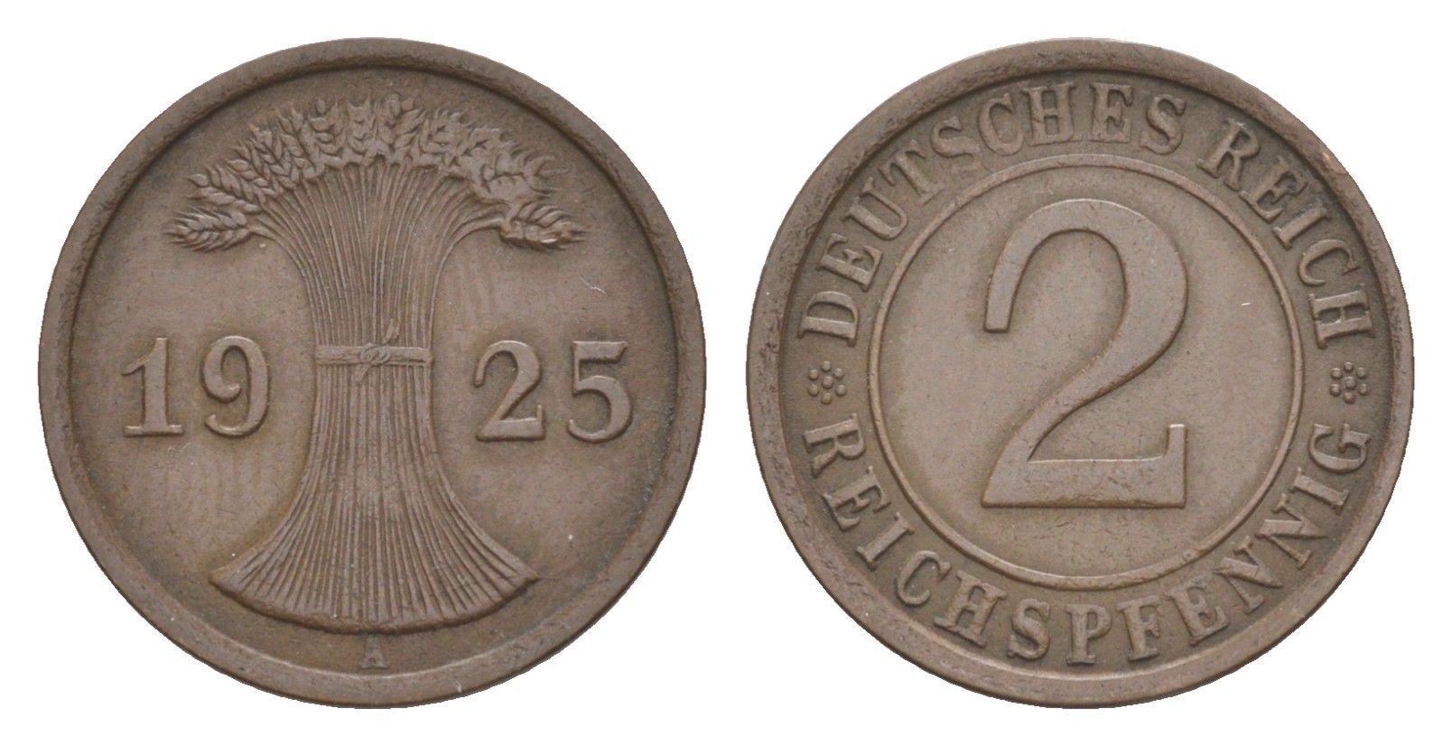 Германия 2 рейхспфеннига 1925 A KM 38, J.314, Weege 4 медь 4639-1227
