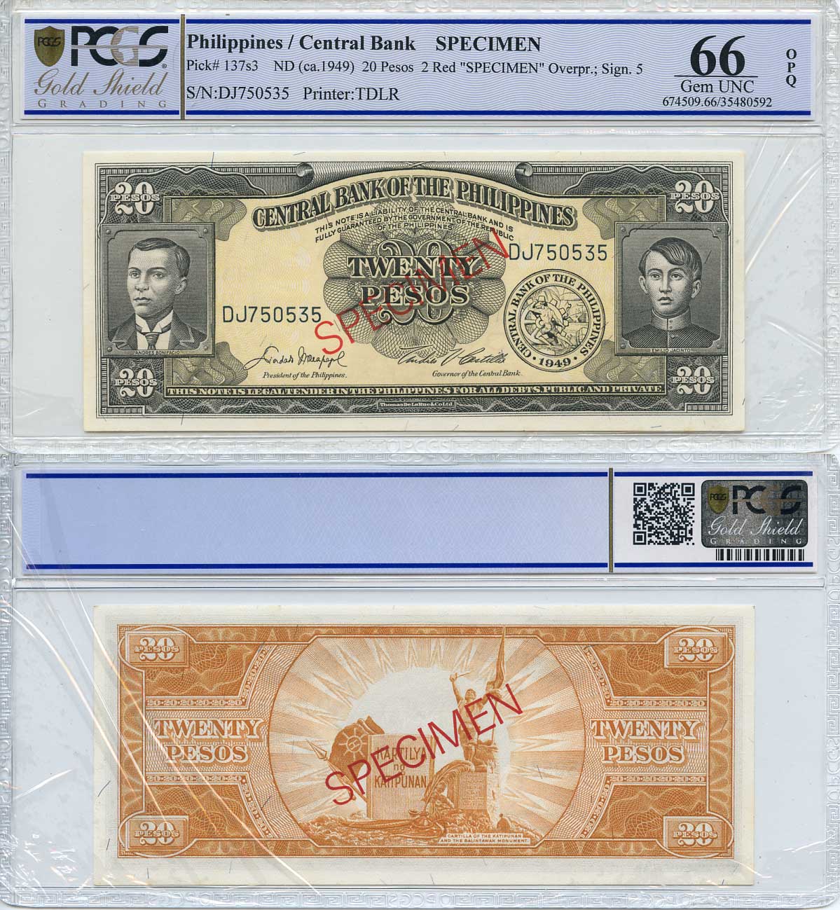 Филиппины 20 песо 1949 пробник, SPECIMEN, подпись 5, TDLR, в слабе PCGS 66 Gem UNC Pick 137s3  бумага  UNC (пресс) 452-1-113