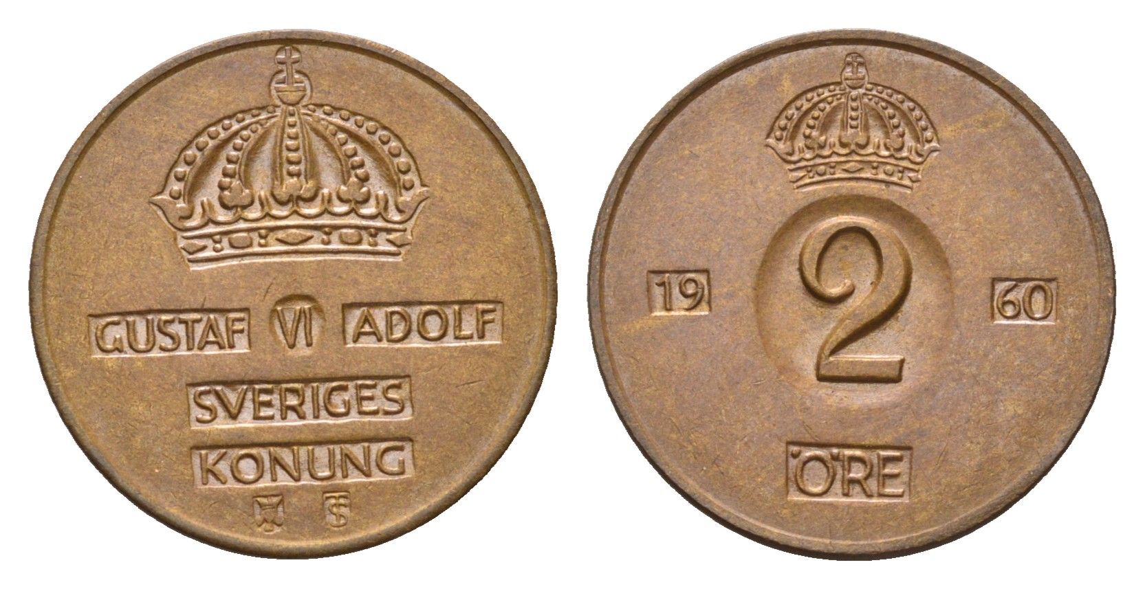Швеция 2 эре 1960 TS, Густав VI Адольф (1950-1973) KM 821 бронза 27-226