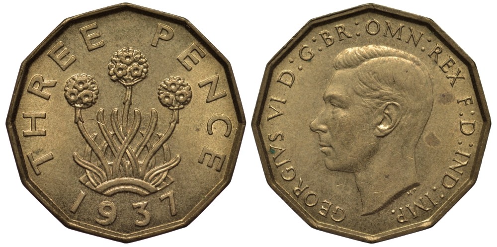 Великобритания 3 пенса 1937 Георг VI (1936-1952) KM 849, Spink 4112 никель латунь 4538-1113