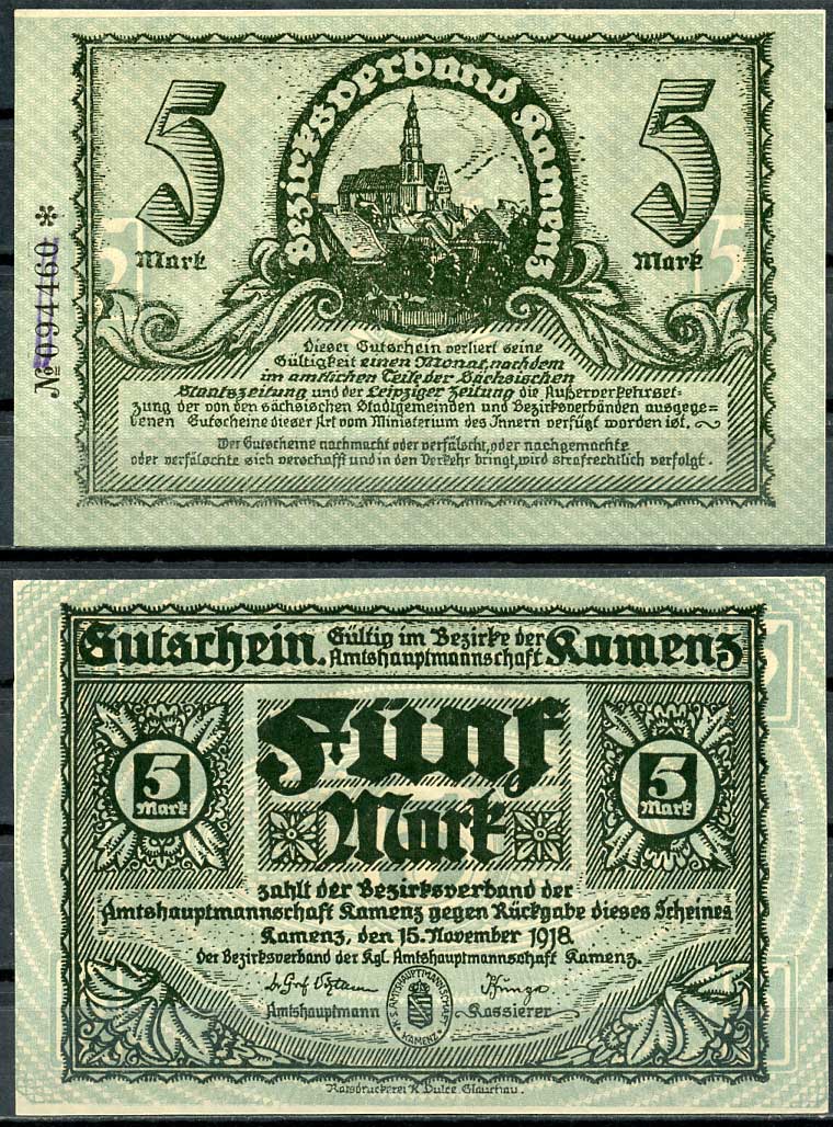 Германия, Каменц 5 марок 1918 нотгельд, 15.11.1918 Grabowski 262  бумага  UNC (пресс) 444-89-1-2