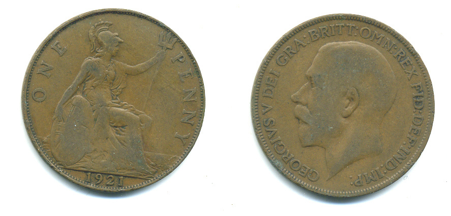 Великобритания 1 пенни 1921 Георг V (1910-1936) KM 810, Spink 4051 бронза 4383-625