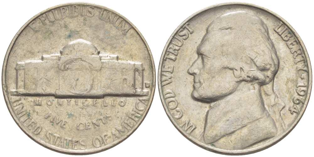 США 5 ЦЕНТОВ 1964 ДЖЕФФЕРСОН KM А192 медно-никель 119-853