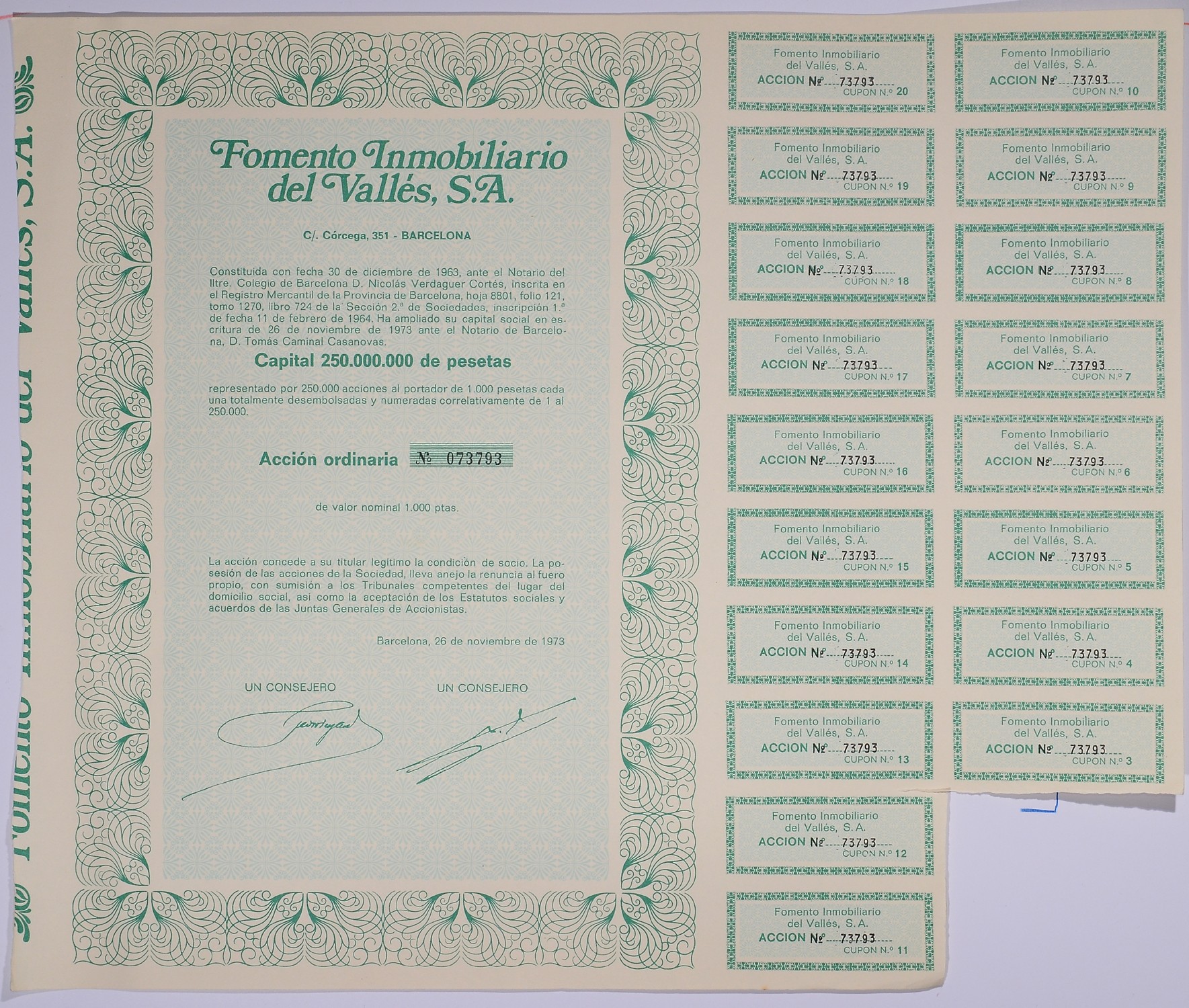 Испания акция на 1000 песет 1973 Fomento Inmobiliario del Valles, S.A., Барселона 1973, с купонами бумага 5548-40-1-2