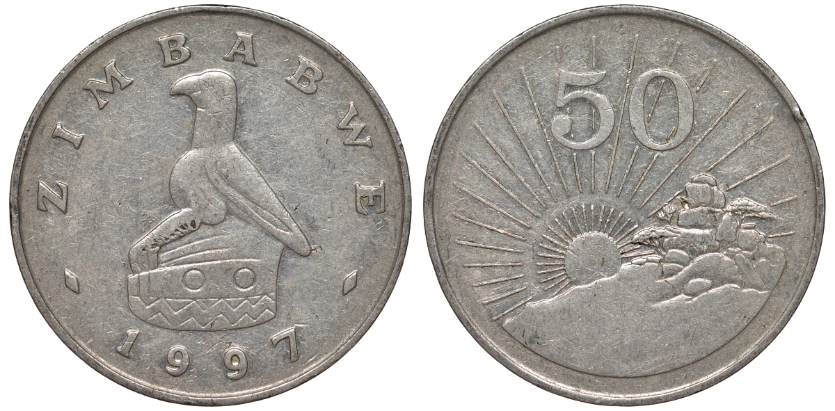 Зимбабве 50 центов 1997 восходящие солнце KM 5 медно-никель 4162-314