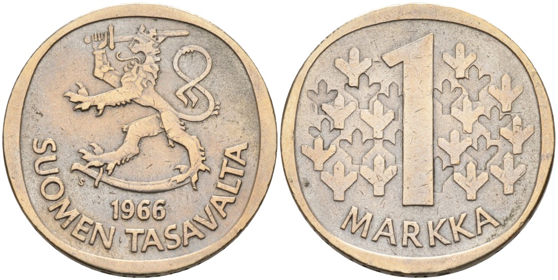 Финляндия 1 марка 1966 S KM 49 серебро 4563-456