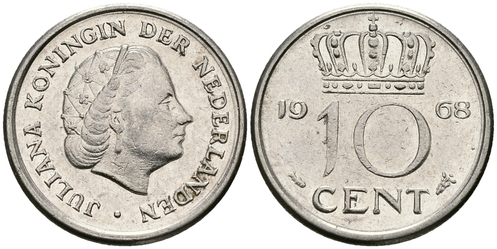НИДЕРЛАНДЫ 10 ЦЕНТОВ 1968 ЮЛИАНА KM 182 никель 96-422