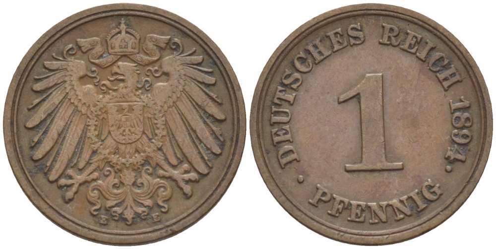 ГЕРМАНИЯ 1 ПФЕННИГ 1894 E KM 10, J. 10, Weege 2 медь 211-164