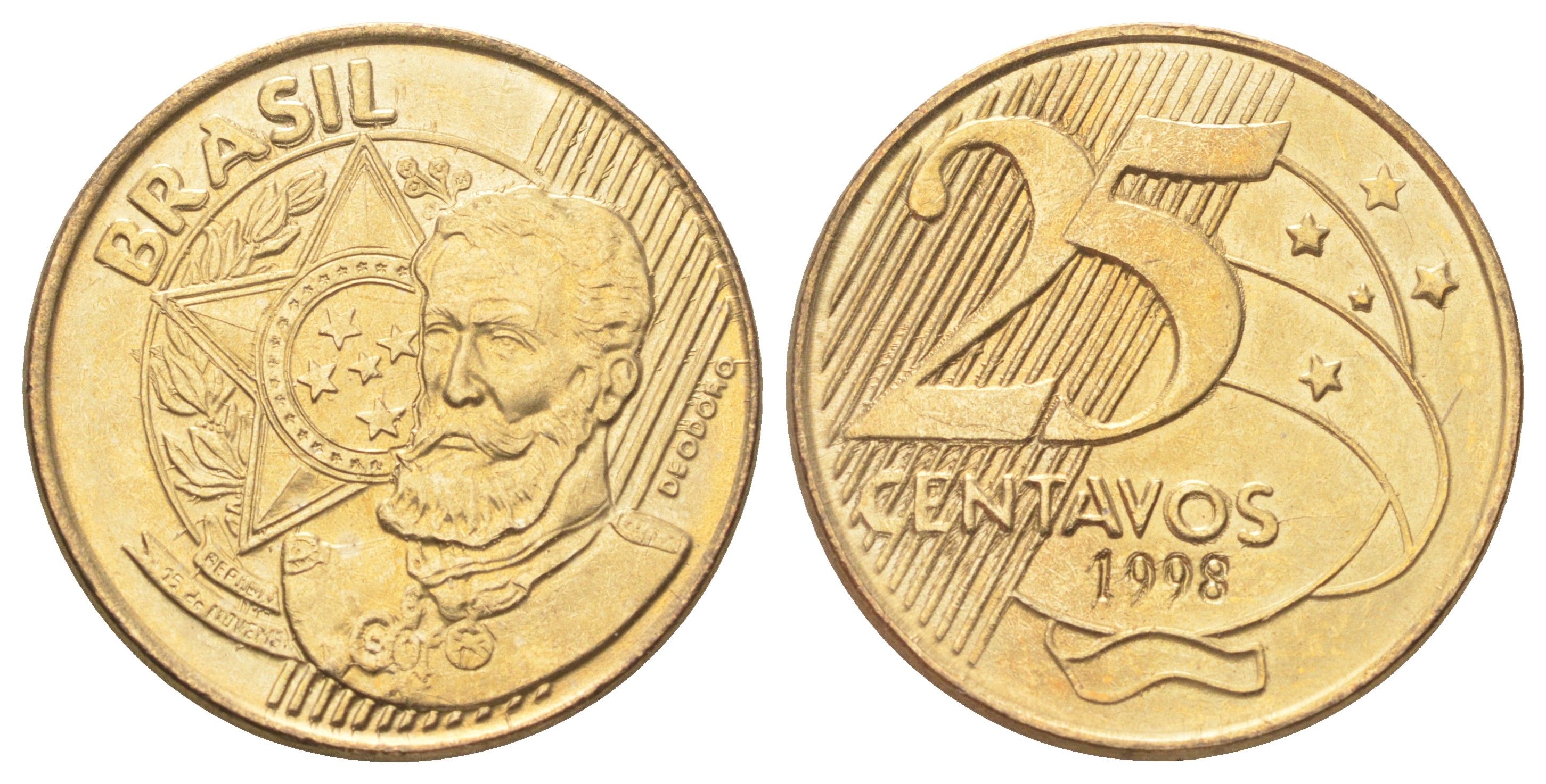 Бразилия 25 сентаво 1998 KM 650 сталь плакированная латунью UNC 4646-632