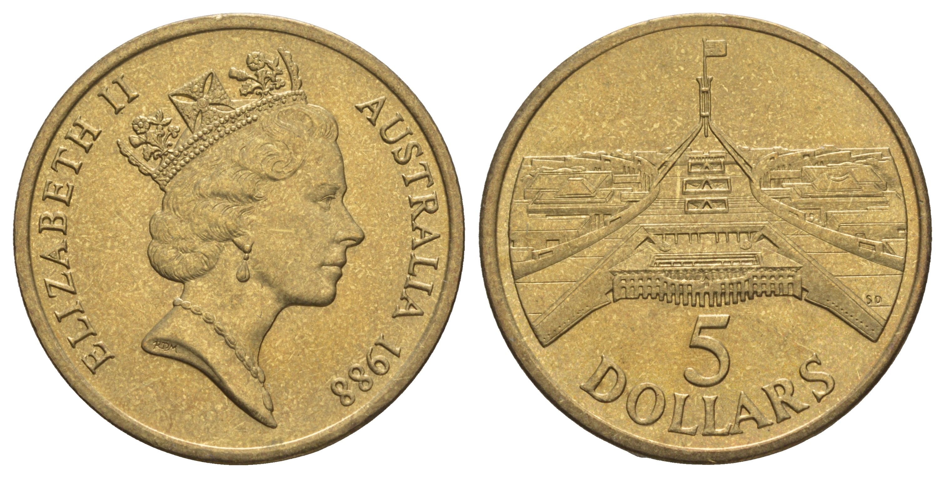 Австралия 5 долларов 1988 Здание парламента KM 102 алюминиевая бронза BU 4184-1033