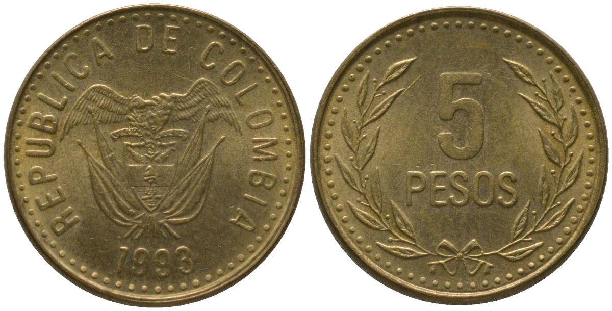 Колумбия 5 песо 1993 KM 280 алюминиевая бронза 4528-1156