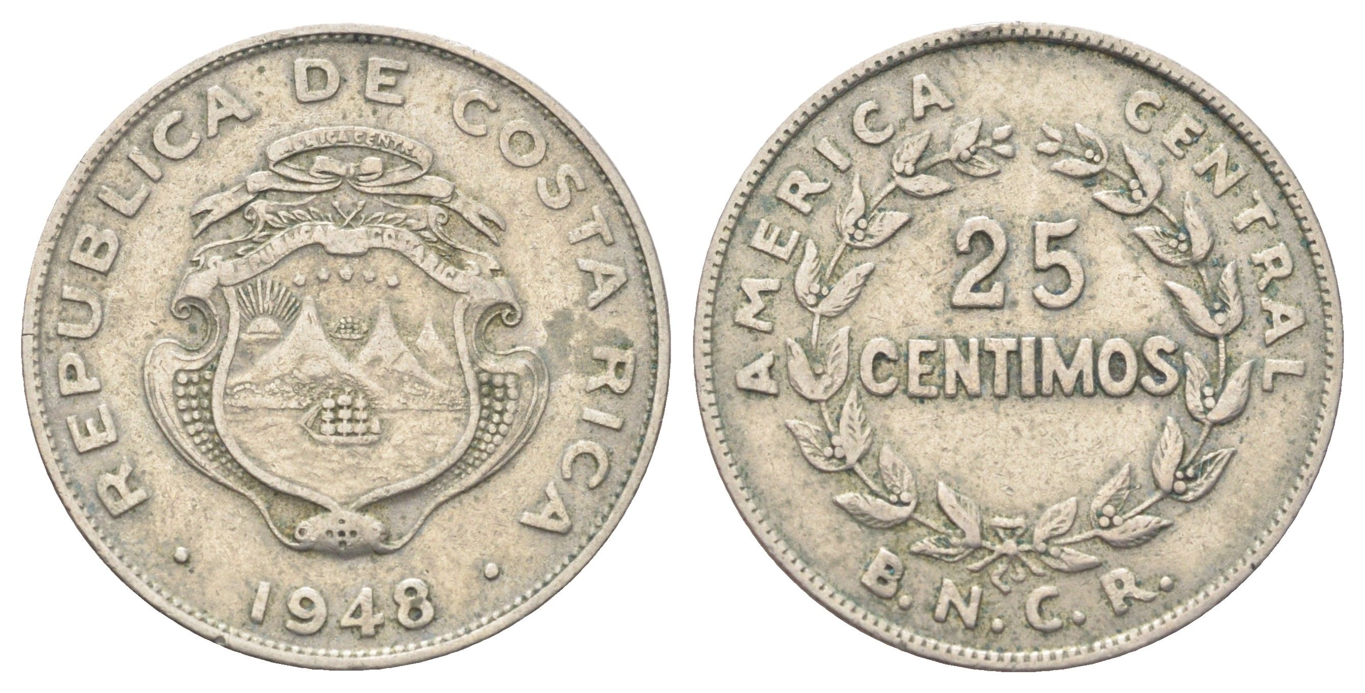 Коста-Рика 25 сентимо 1948 KM 175 медно-никель 4700-943