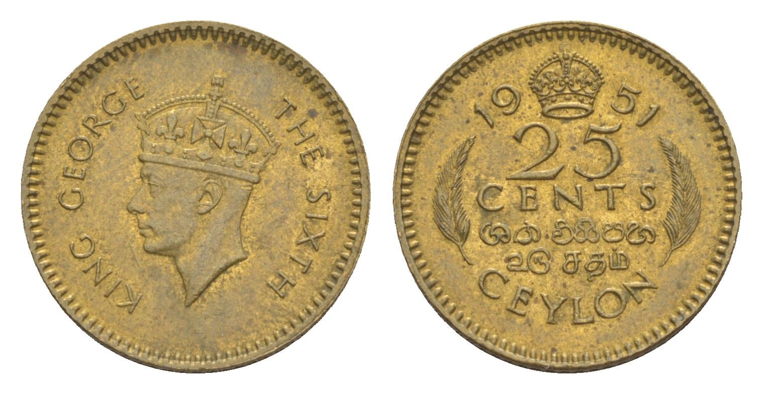 Цейлон 25 центов 1951 KM 122 никель латунь UNC 4643-259