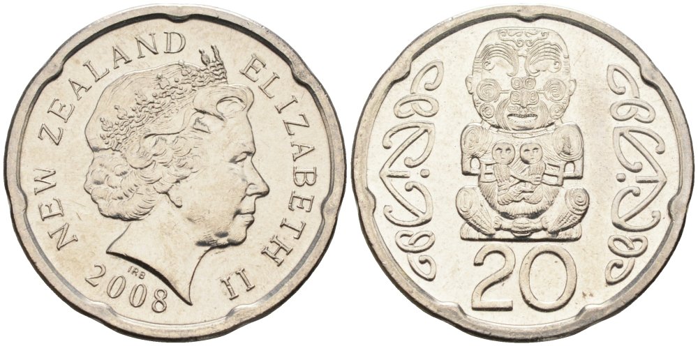 Новая Зеландия 20 центов 2008 Елизавета II (1952-2022), идол Пукаки KM 118а никелированная сталь 4579-1215