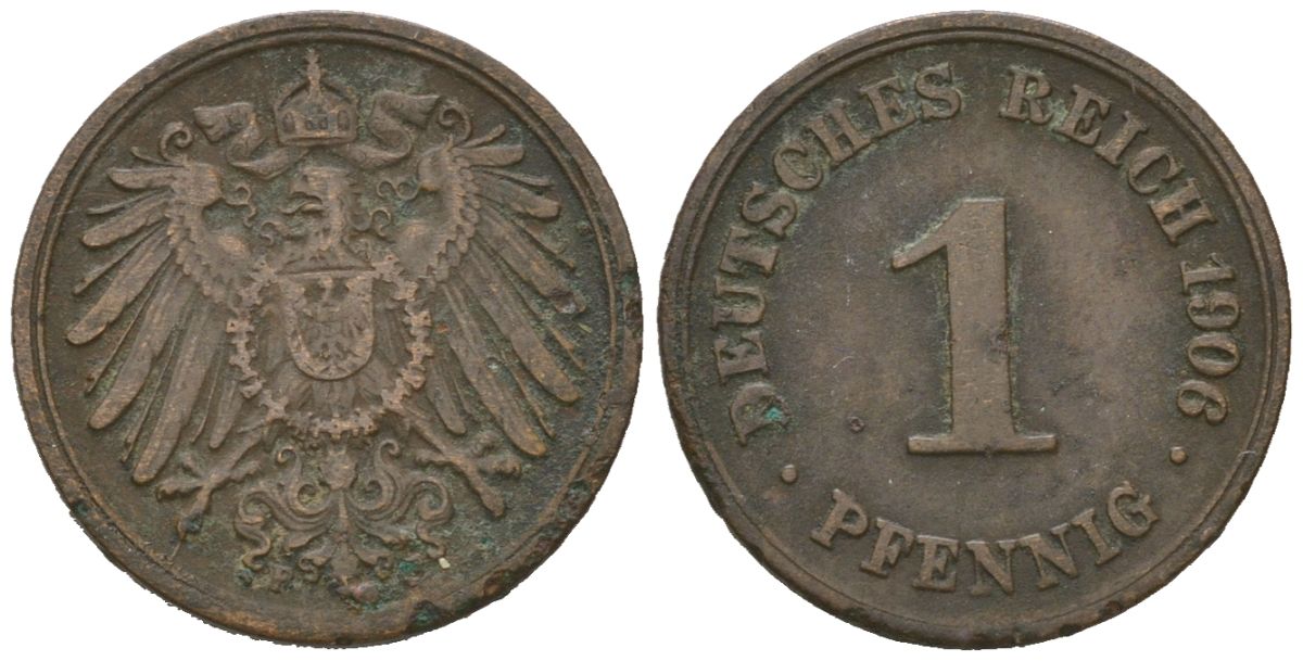 Германия 1 пфенниг 1906 F, Вильгельм II (1888-1918) KM 10, J. 10, Weege 2 медь 4615-222