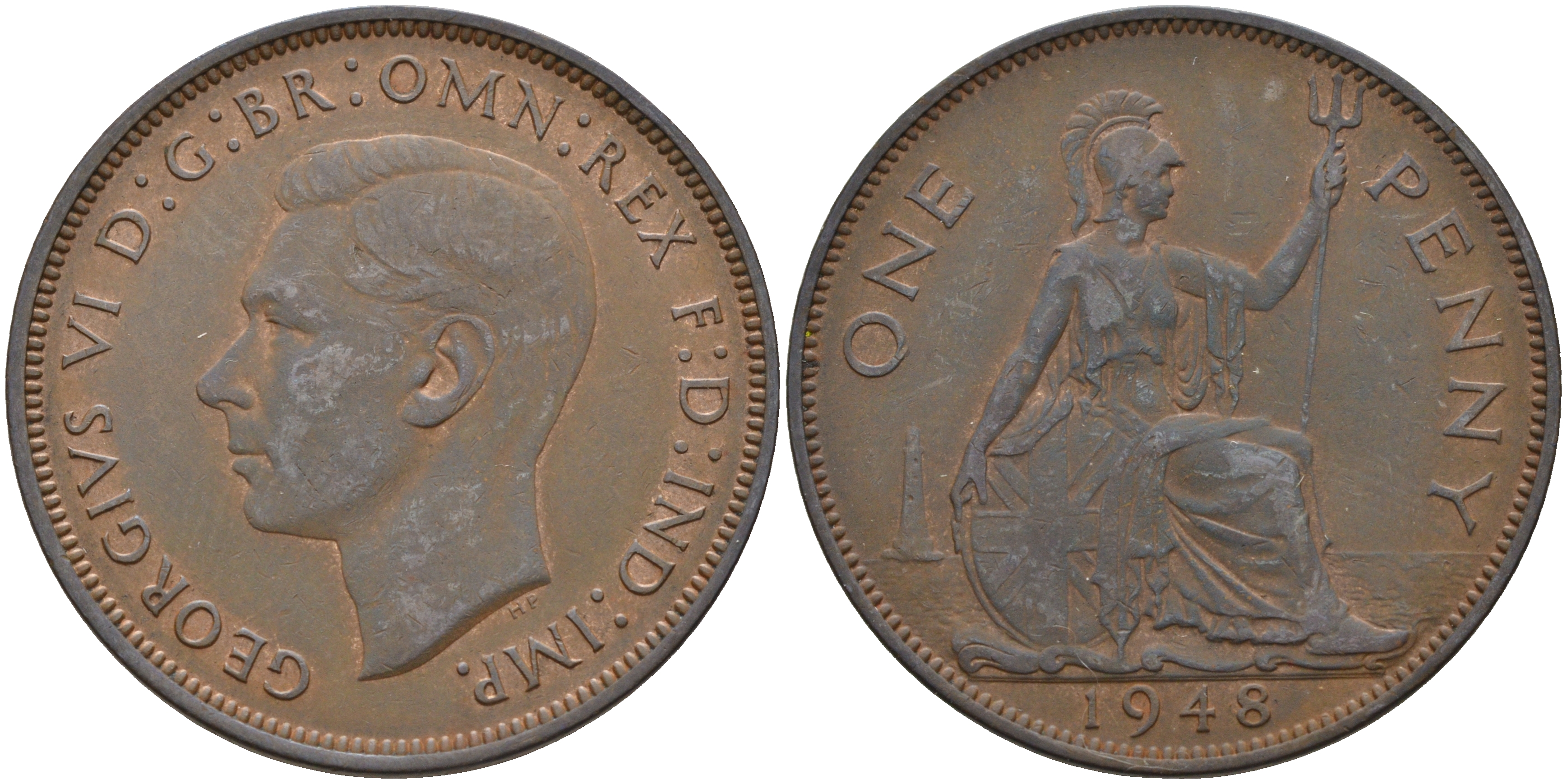 Великобритания 1 пенни 1948 Георг VI (1936-1952) KM 845, Spink 4114 бронза 4593-235