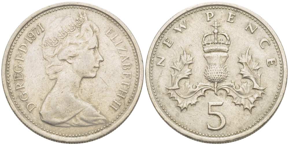 Великобритания 5 пенсов 1971 Елизавета II (1952-2022) KM 911, Spink 4233 (D1) медно-никель 217-715