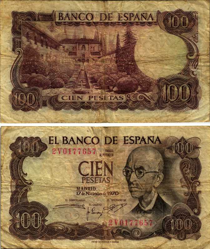 Испания 100 песет 1970 Мануэль де Фалья, летняя резиденция Мавританских королей в Гренаде Pick 152а  бумага 7484-76-3