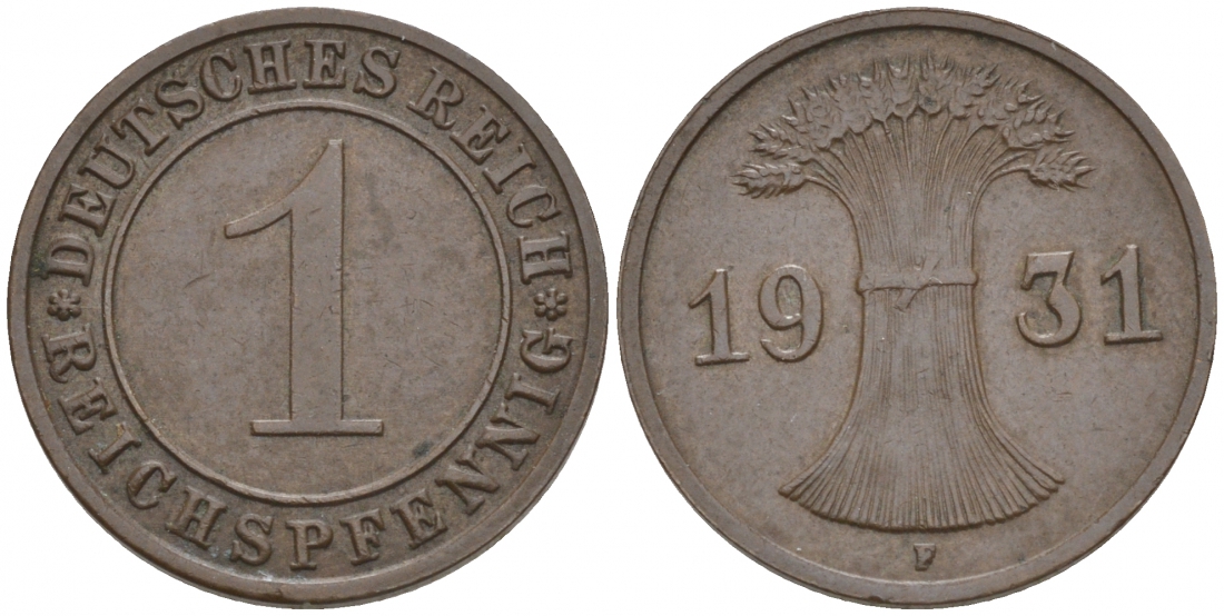 ГЕРМАНИЯ 1 РЕЙХСПФЕННИГ 1931 F KM 37, J. 313 бронза 73-1527