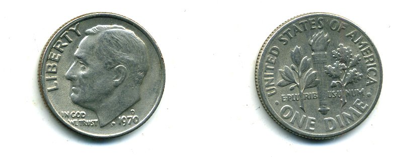 США 10 ЦЕНТОВ = 1 ДАЙМ 1970 D, РУЗВЕЛЬТ KM 195а медь плакированная медно-никелем 46-2412