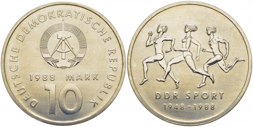 ГДР 10 марок 1988 A, 40 лет союзу физкультуры и спорта ГДР KM 125, J. 1623 медно-никель UNC 272-1035