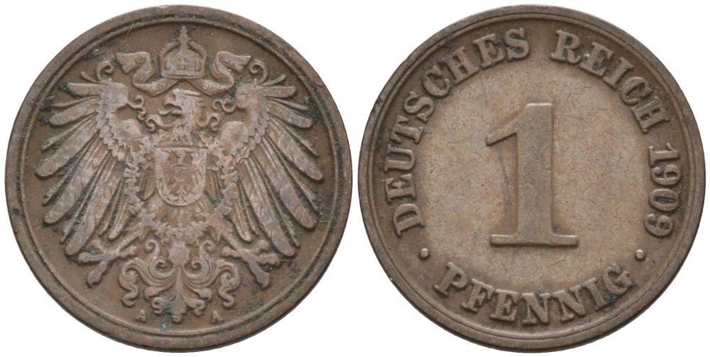 Германия 1 пфенниг 1909 A KM 10, J. 10 медь 4576-118