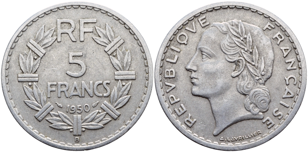 ФРАНЦИЯ 5 ФРАНКОВ 1950 B KM 888b.2 алюминий 74-336