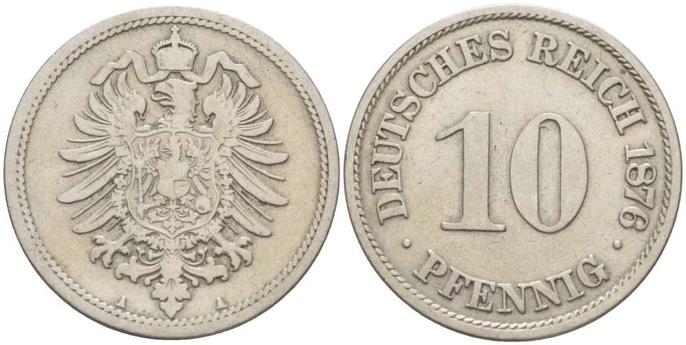 Германия 10 пфеннигов 1876 A, старогербовка KM 4, Jager 4, Weege 7 медно-никель 4516-724
