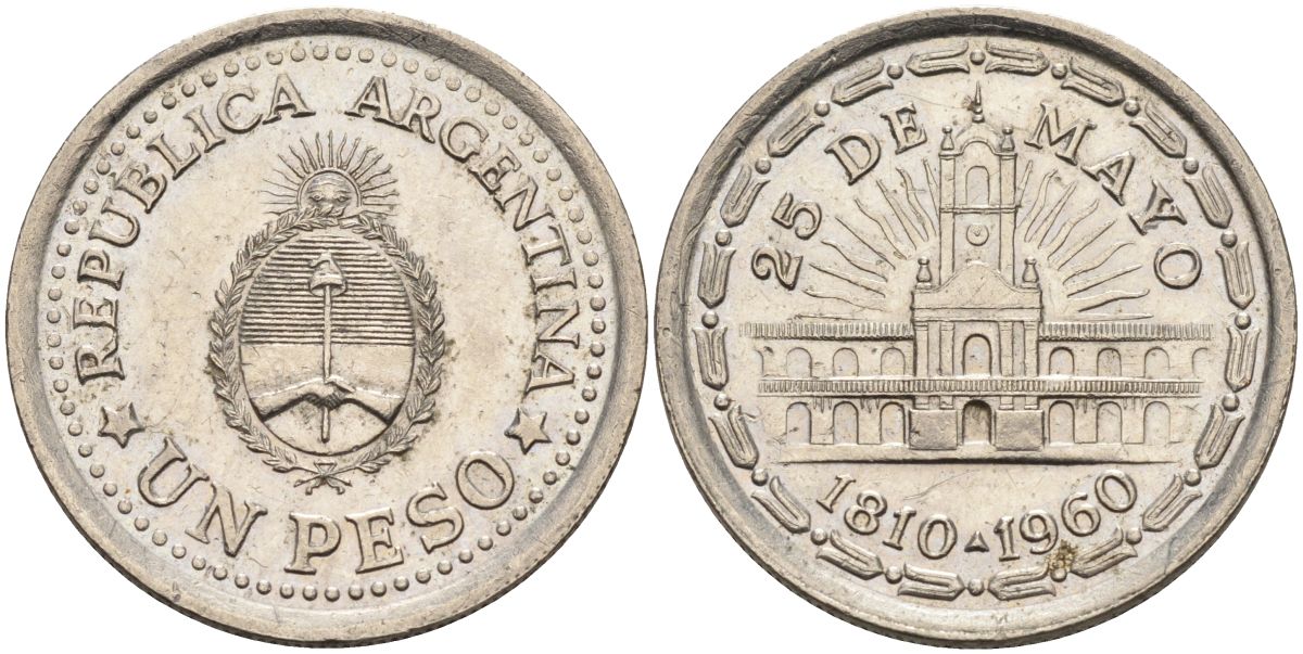 Аргентина 1 песо 1960 150 лет свержения Испанского вице-короля (1810-1960) KM 58 сталь плакированная никелем 4593-1023