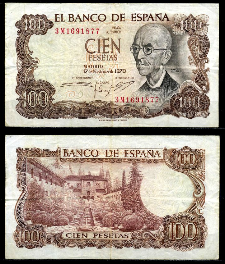Испания 100 песет 1970 Мануэль де Фалья, летняя резиденция Мавританских королей в Гренаде Pick 152а  бумага 7203-64-2-2