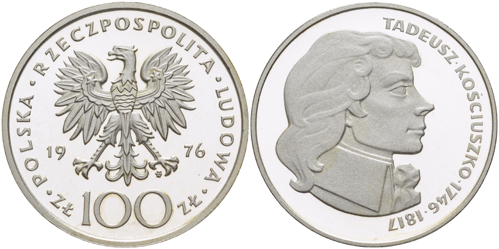 Польша 100 злотых 1976 MW, Тадеуш Костюшко (1746-1817) KM 82, Parchimowicz 274 серебро PROOF 1084-10-72