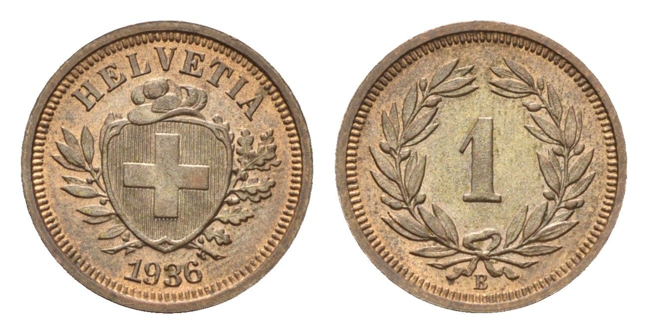 Швейцария 1 раппен 1936 B KM 3.2 бронза aUNC 1528-224