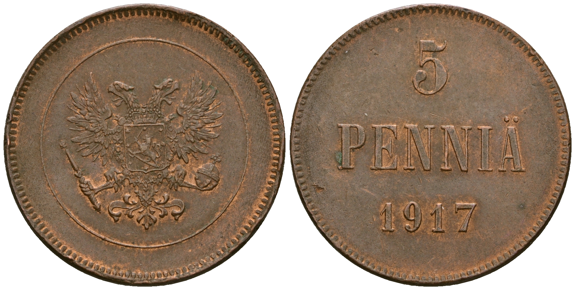 Россия для Финляндии 5 пенни 1917 временное правительство Биткин GSF4, KM 17 медь 219-1226