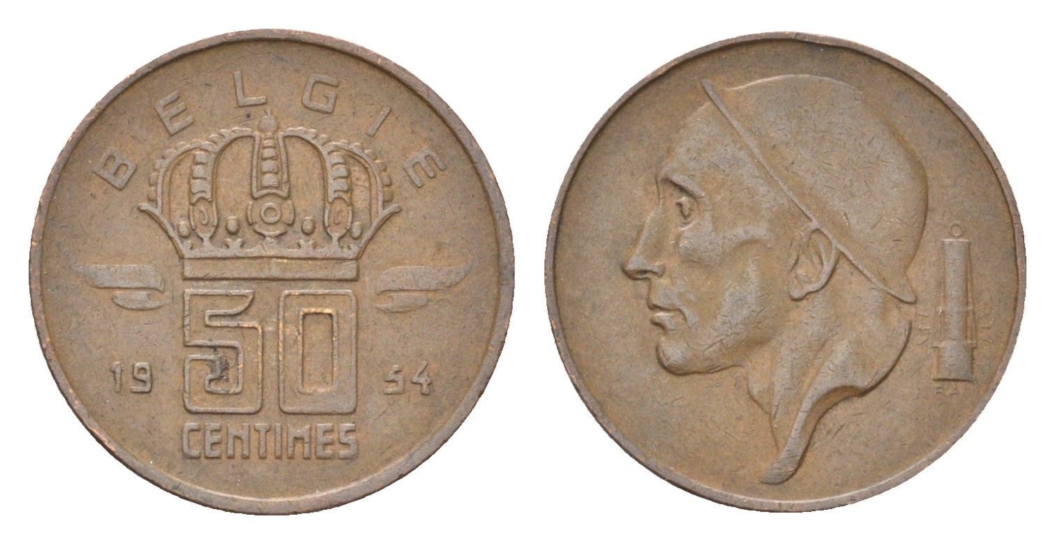 Бельгия 50 сантимов 1954 Belgie, Бодуэн I (1951-1993) KM 149 бронза 4705-253