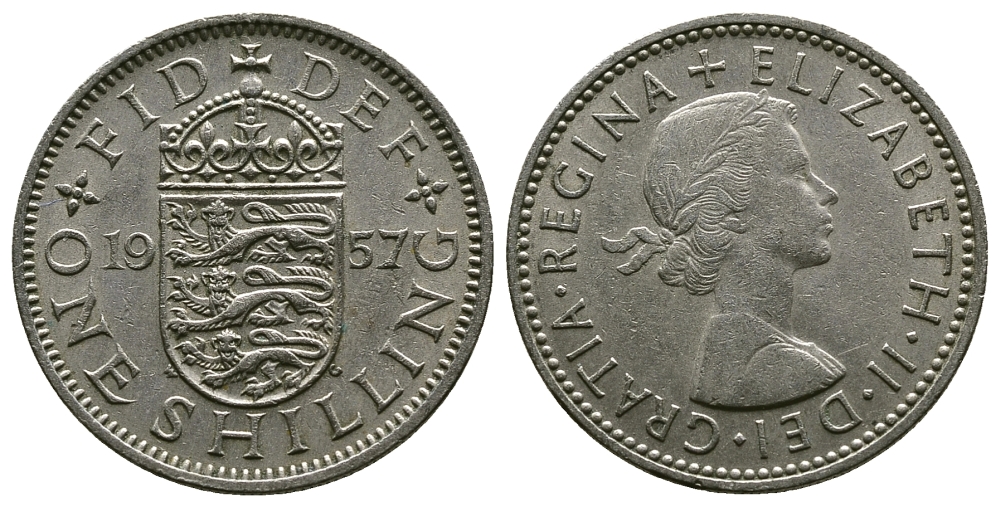 Великобритания 1 шиллинг 1957 Елизавета II (1952-2022), Английский герб KM 904, Spink 4147 медно-никель 4384-346