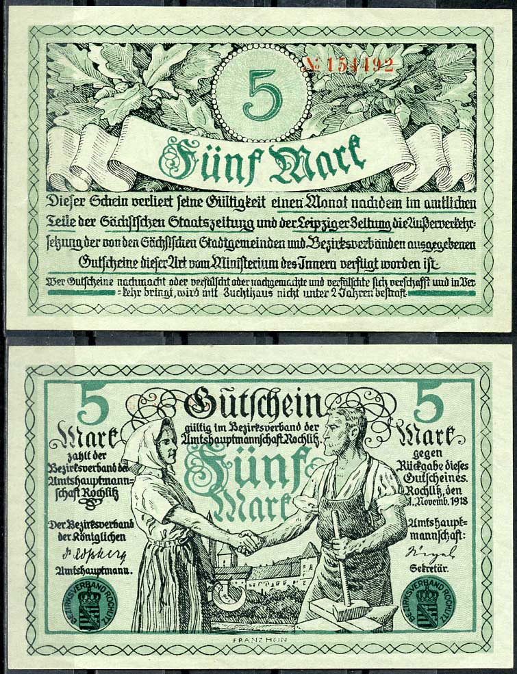 Германия, Рохлиц 5 марок 1918 нотгельд, 1.11.1918, союз крестьян и рабочих Geiger 451.03  бумага  UNC (пресс) 444-90-1-1
