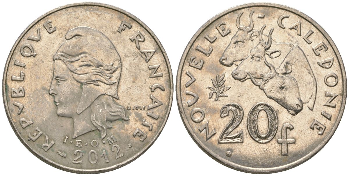 Французская Новая Каледония 20 франков 2012 три быка, (IEOM) KM 12a, Schoen 14a, Lec 115j медно-никель 84-1036