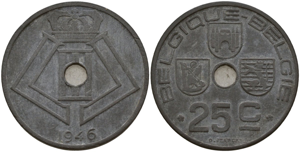 Бельгия 25 сантимов 1946 Belgique - Belgie, Леопольд III (1934-1947), германская оккупация, Вторая мировая война KM 131 цинк 4157-516