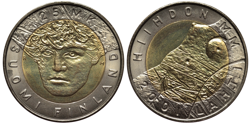 ФИНЛЯНДИЯ 25 МАРОК 2001 ЛЫЖНЫЙ ЧЕМПИОНАТ В ЛАХТИ 2001, ЭРОТИКА KM 96 биметалл 1520-1525