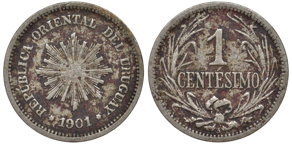 Уругвай 1 сентесимо 1901 KM 19 медно-никель 4169-557