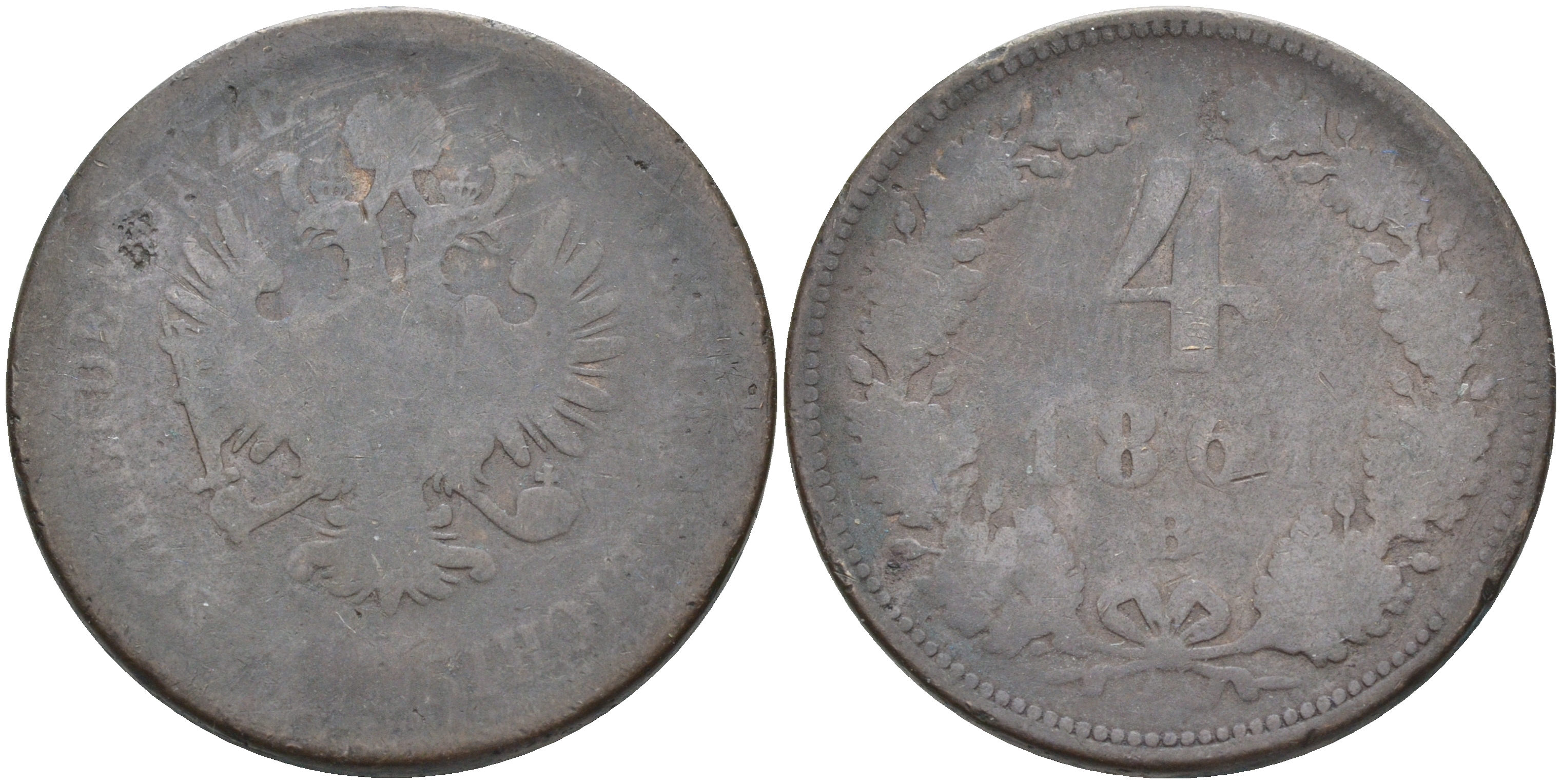 АВСТРИЯ 4 КРЕЙЦЕРА 1861 В, ФРАНЦ ИОСИФ (1848-1916) KM 2194 медь 63-1024