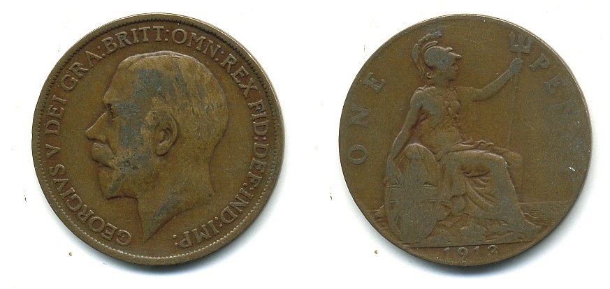 Великобритания 1 пенни 1913 Георг V (1910-1936) КМ 810, Spink 4051 бронза 4110-121