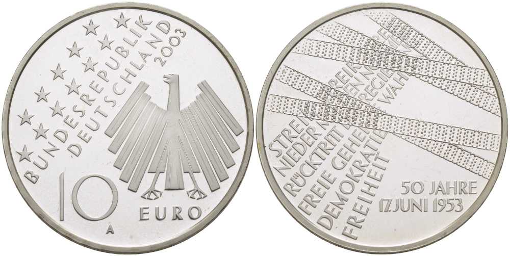 ФРГ 10 евро 2003 А, 50-я годовщина народного восстания 1953 года в ГДР KM 226, DE.S. 10.9 серебро PROOF 413-6332