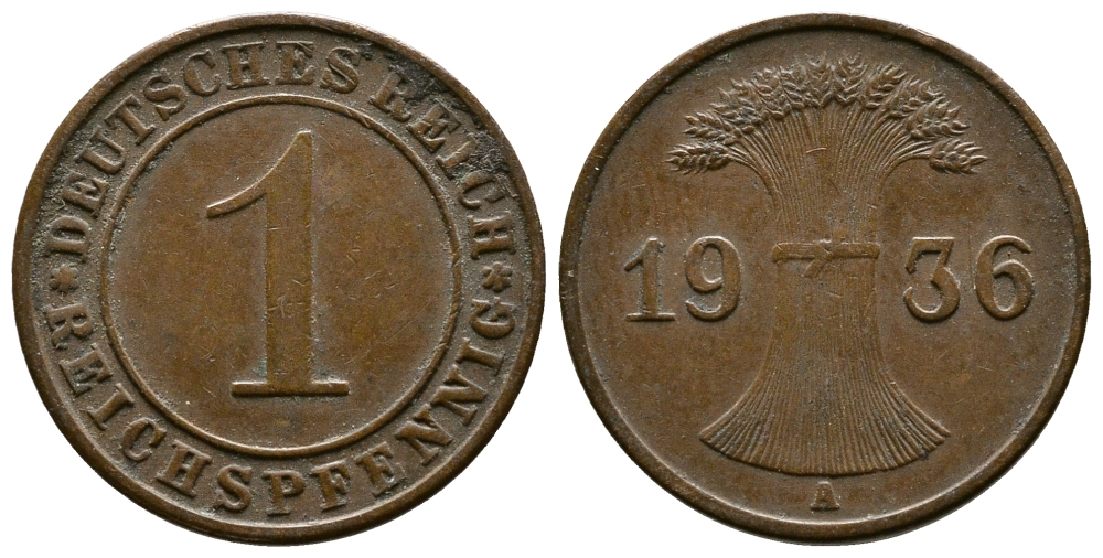 Германия 1 рейхспфенниг 1936 A KM 37, J. 313 бронза 220-154
