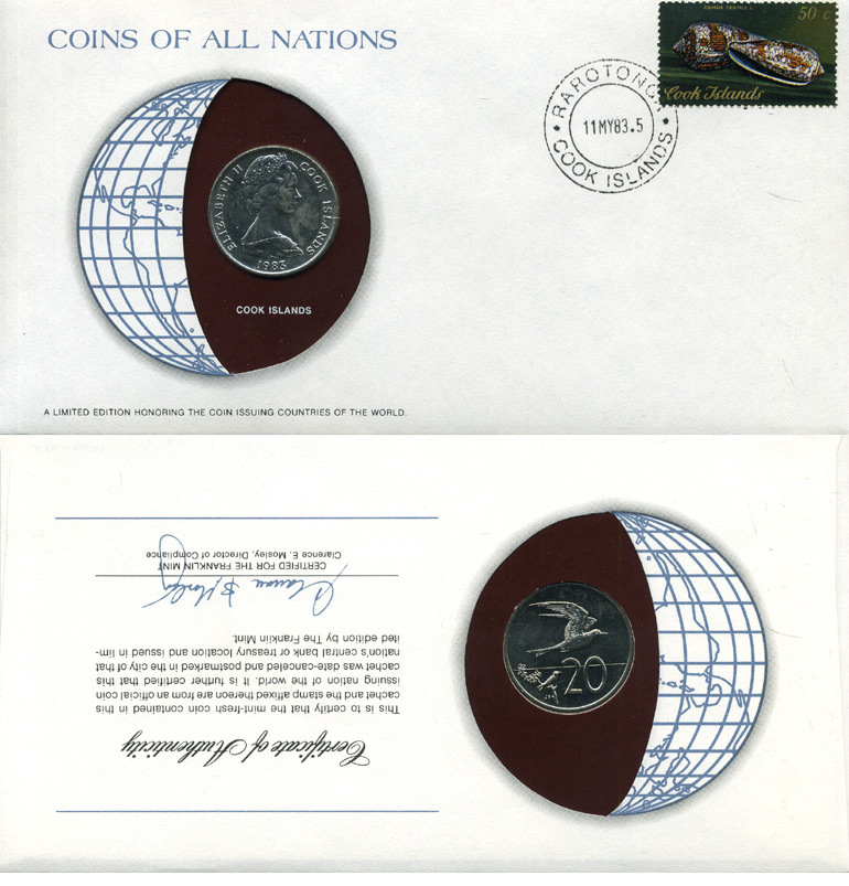 ОСТРОВА КУКА 20 ЦЕНТОВ 1983 КОНВЕРТ С МАРКОЙ ПЕРВОГО ДНЯ ГАШЕНИЯ, COINS OF NATIONS KM 5 медно-никель UNC 4294-56-1