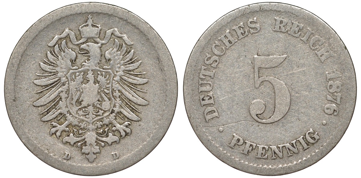 Германия 5 пфеннигов 1876 D, старогербовка KM 3, J. 3 медно-никель 51-3453
