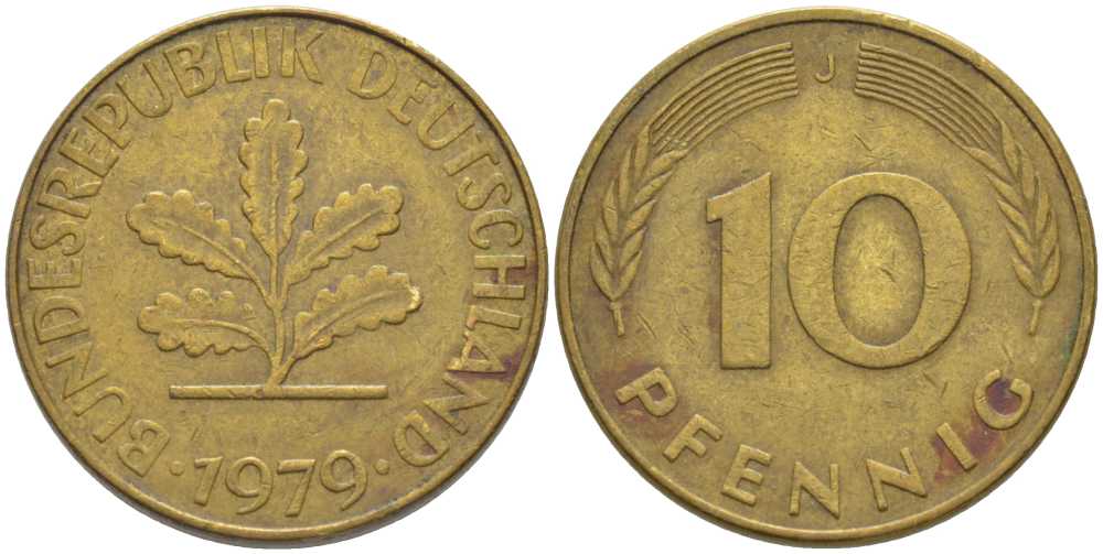 ФРГ 10 ПФЕННИГОВ 1979 J KM 108, J. 383 сталь плакированная латунью 175-746